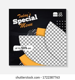 Editable minimal square banner post template. Black, yellow, orange background layout template for food and drink business. Suitable for social media post and web internet ads. Vector illustration