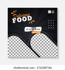 Plantilla de publicación de banner cuadrado mínimo editable. Planta de fondo en negro, amarillo y naranja para el negocio de la comida y la bebida. Apto para publicaciones en medios sociales y anuncios en Internet. Ilustración del vector
