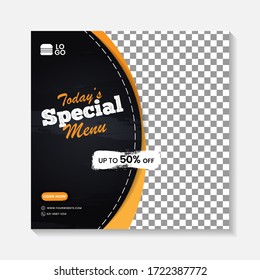 Editable minimal square banner post template. Black, yellow, orange background layout template for food and drink business. Suitable for social media post and web internet ads. Vector illustration