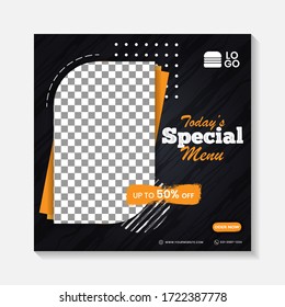 Editable minimal square banner post template. Black, yellow, orange background layout template for food and drink business. Suitable for social media post and web internet ads. Vector illustration