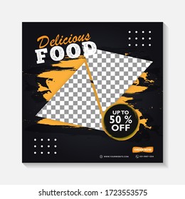 Editable minimal square banner post template. Black, yellow, orange background layout template for food and drink business. Suitable for social media post and web internet ads. Vector illustration