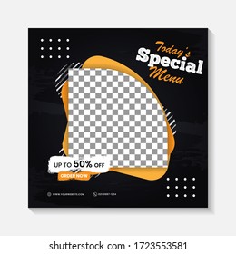 Editable minimal square banner post template. Black, yellow, orange background layout template for food and drink business. Suitable for social media post and web internet ads. Vector illustration