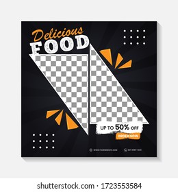 Editable minimal square banner post template. Black, yellow, orange background layout template for food and drink business. Suitable for social media post and web internet ads. Vector illustration