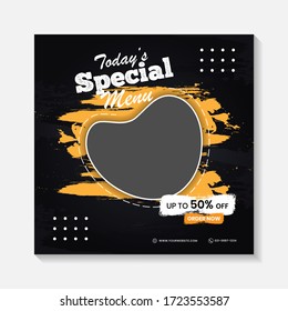 Editable minimal square banner post template. Black, yellow, orange background layout template for food and drink business. Suitable for social media post and web internet ads. Vector illustration