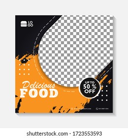 Editable minimal square banner post template. Black, yellow, orange background layout template for food and drink business. Suitable for social media post and web internet ads. Vector illustration