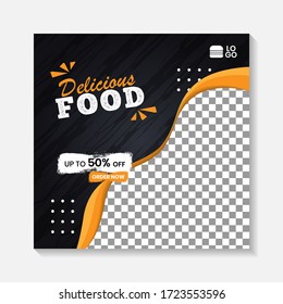 Editable minimal square banner post template. Black, yellow, orange background layout template for food and drink business. Suitable for social media post and web internet ads. Vector illustration