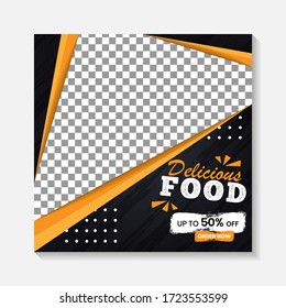 Editable minimal square banner post template. Black, yellow, orange background layout template for food and drink business. Suitable for social media post and web internet ads. Vector illustration