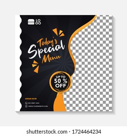 Editable minimal square banner post template. Black, yellow, orange background layout template for food and drink business. Suitable for social media post and web internet ads. Vector illustration