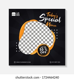 Editable minimal square banner post template. Black, yellow, orange background layout template for food and drink business. Suitable for social media post and web internet ads. Vector illustration