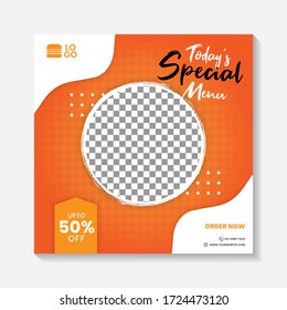 Editable minimal square banner post template. Black, yellow, orange background layout template for food and drink business. Suitable for social media post and web internet ads. Vector illustration
