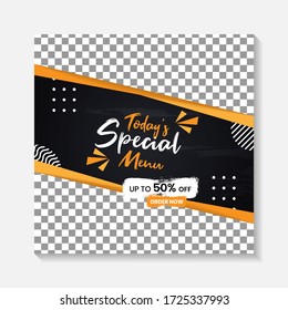 Editable minimal square banner post template. Black, yellow, orange background layout template for food and drink business. Suitable for social media post and web internet ads. Vector illustration