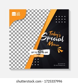 Editierbare minimale quadratische Banner Post Template. Schwarze, gelbe und orangefarbene Hintergrundvorlage für die Gastronomie. Geeignet für Social Media Post und Web Internet Anzeigen. Vektor-Abbildung