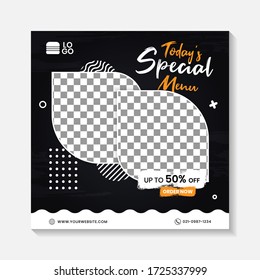 Editable minimal square banner post template. Black, yellow, orange background layout template for food and drink business. Suitable for social media post and web internet ads. Vector illustration