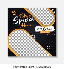 Editable minimal square banner post template. Black, yellow, orange background layout template for food and drink business. Suitable for social media post and web internet ads. Vector illustration