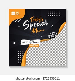 Editable minimal square banner post template. Black, yellow, orange background layout template for food and drink business. Suitable for social media post and web internet ads. Vector illustration