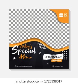 Editable minimal square banner post template. Black, yellow, orange background layout template for food and drink business. Suitable for social media post and web internet ads. Vector illustration