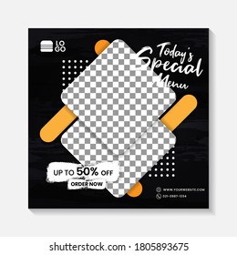 Editable minimal square banner post template. Black, yellow, orange background layout template for food and drink business. Suitable for social media post and web internet ads. Vector illustration