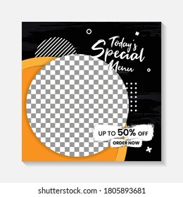 Editable minimal square banner post template. Black, yellow, orange background layout template for food and drink business. Suitable for social media post and web internet ads. Vector illustration