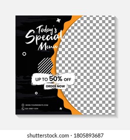 Editable minimal square banner post template. Black, yellow, orange background layout template for food and drink business. Suitable for social media post and web internet ads. Vector illustration