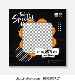 Editable minimal square banner post template. Black, yellow, orange background layout template for food and drink business. Suitable for social media post and web internet ads. Vector illustration