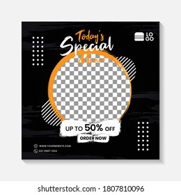 Editable Minimal Square Banner Post Template. Black, Yellow, Orange Background Layout Template For Food And Drink Business. Suitable For Social Media Post And Web Internet Ads. Vector Illustration