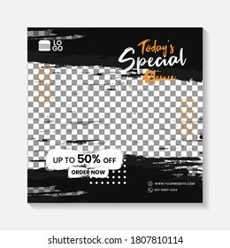 Editable minimal square banner post template. Black, yellow, orange background layout template for food and drink business. Suitable for social media post and web internet ads. Vector illustration