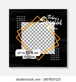 Editable minimal square banner post template. Black, yellow, orange background layout template for food and drink business. Suitable for social media post and web internet ads. Vector illustration