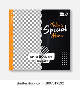Editable minimal square banner post template. Black, yellow, orange background layout template for food and drink business. Suitable for social media post and web internet ads. Vector illustration