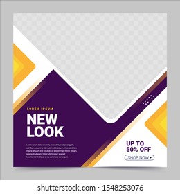 Editable minimal square banner template. purple and yellow background color with stripe line shape. Suitable for social media post and web internet ads. Vector illustration with photo college