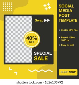 Editable minimal square banner template. Black and yellow background color with stripe line shape. Suitable for social media post and web internet ads. Vector illustration with photo college