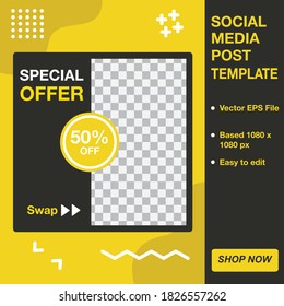 Editable minimal square banner template. Black and yellow background color with stripe line shape. Suitable for social media post and web internet ads. Vector illustration with photo college