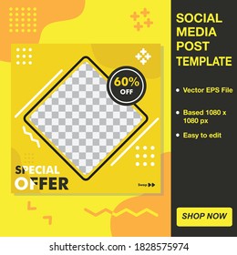 Editable minimal square banner template. Black and yellow background color with stripe line shape. Suitable for social media post and web internet ads. Vector illustration with photo college