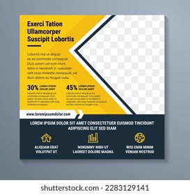 Editable minimal square banner template. Black and yellow background color with arrow line shape. Suitable for social media post and web internet ads. Vector illustration with photo college and text