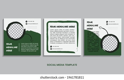 Editable minimal square social media post template set. with green and white abstract geometric shapes suitable for social media posts and internet web advertising.