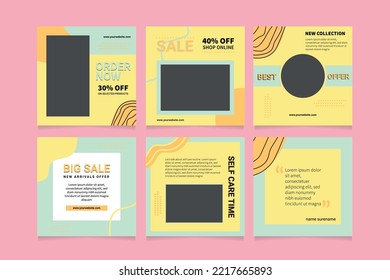 Conjunto mínimo de plantilla social cuadrada editable. Diseño colorido. Adecuado para publicaciones en medios sociales y anuncios en internet. Ilustración del vector