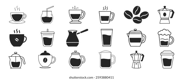 Editable minimalist coffee icons set, enhanced with high-quality line art illustrations. Ideal for coffee shops.