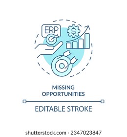 Concepto de icono azul de oportunidades que faltan editables, vector aislado, ilustración de línea delgada de planificación de recursos empresariales.