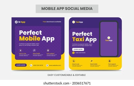 Editable Mobile App Marketing Social Media Post Banner Template. Taxi App Social Media Post