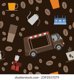Editable Mobile Coffee Van Shop With Espresso Machine and Brewing Equipment Vector Illustration Seamless Pattern in Flat Style With Dark Background for Cafe Related Concept Purposes