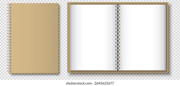 Editable mockup featuring a realistic notebook with spiral binding, including closed and open views, ideal for branding, design, or print presentations.