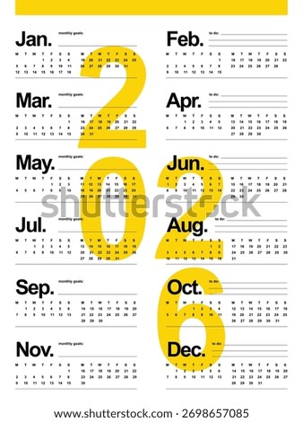 Editable Modern 2026 Calendar Template with goals and to do. Week starts on Monday