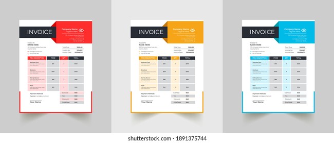 Editable Modern Abstract Creative Professional Invoice template with 3color
