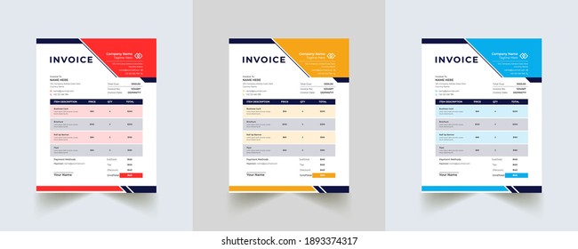 Editable Modern Abstract Creative Professional Invoice template with 3 color
