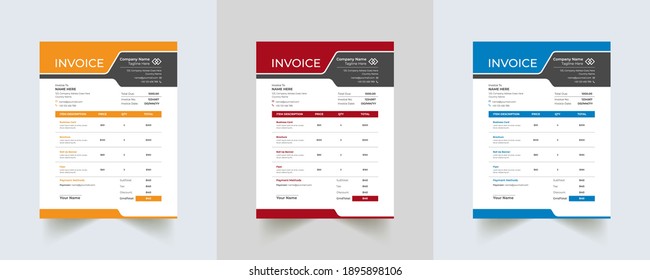Editable Modern Abstract Creative Professional Invoice template with 3 color