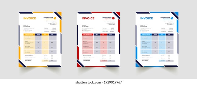 Editable Modern Abstract Creative Professional Invoice template with 3 color	
