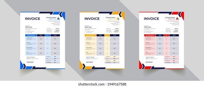 Editable Modern Abstract Creative Professional Invoice template with 3 color