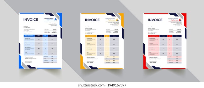 Plantilla de factura profesional creativa de resumen moderno editable con 3 colores