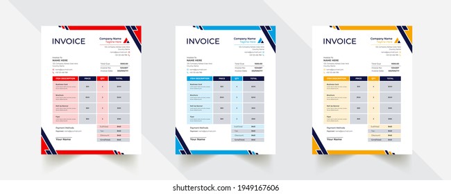Plantilla de factura profesional creativa de resumen moderno editable con 3 colores