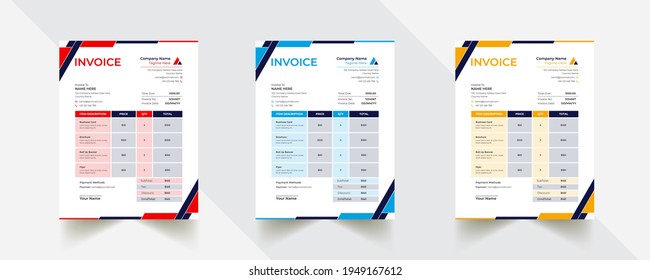 Editable Modern Abstract Creative Professional Invoice template with 3 color