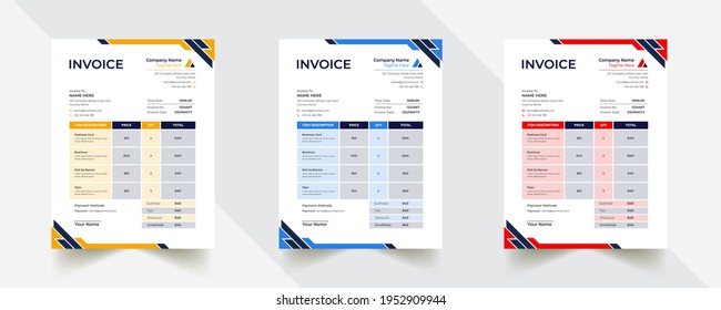 Editable Modern Abstract Creative Professional Invoice template with 3 color